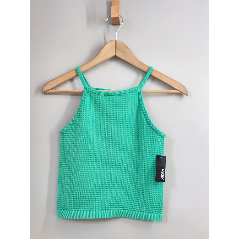 Ardene Crop Tank Top Womens Small Kelly Green Waffle Knit Square Neck Camisole